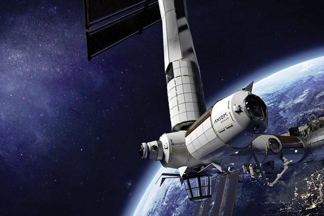 Image de synthèse de modules d’Axiom Space, avec leur observatoire vitré de la Terre, arrimés à la Station spatiale internationale. Développés en partenariat avec la NASA, ils pourront accueillir des touristes de l’espace. © AXIOM