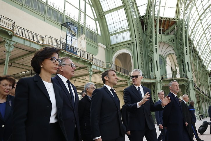 Le Président Emmanuel Macron a fait le point à 100 jours de l'ouverture des JO © KEYSTONE/EPA/YOAN VALAT / POOL