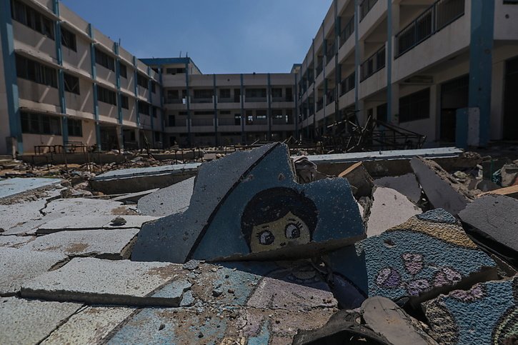 Ecole de l'UNRWA détruite par l'armée israélienne à Khan Younès. © KEYSTONE/EPA/MOHAMMED SABER